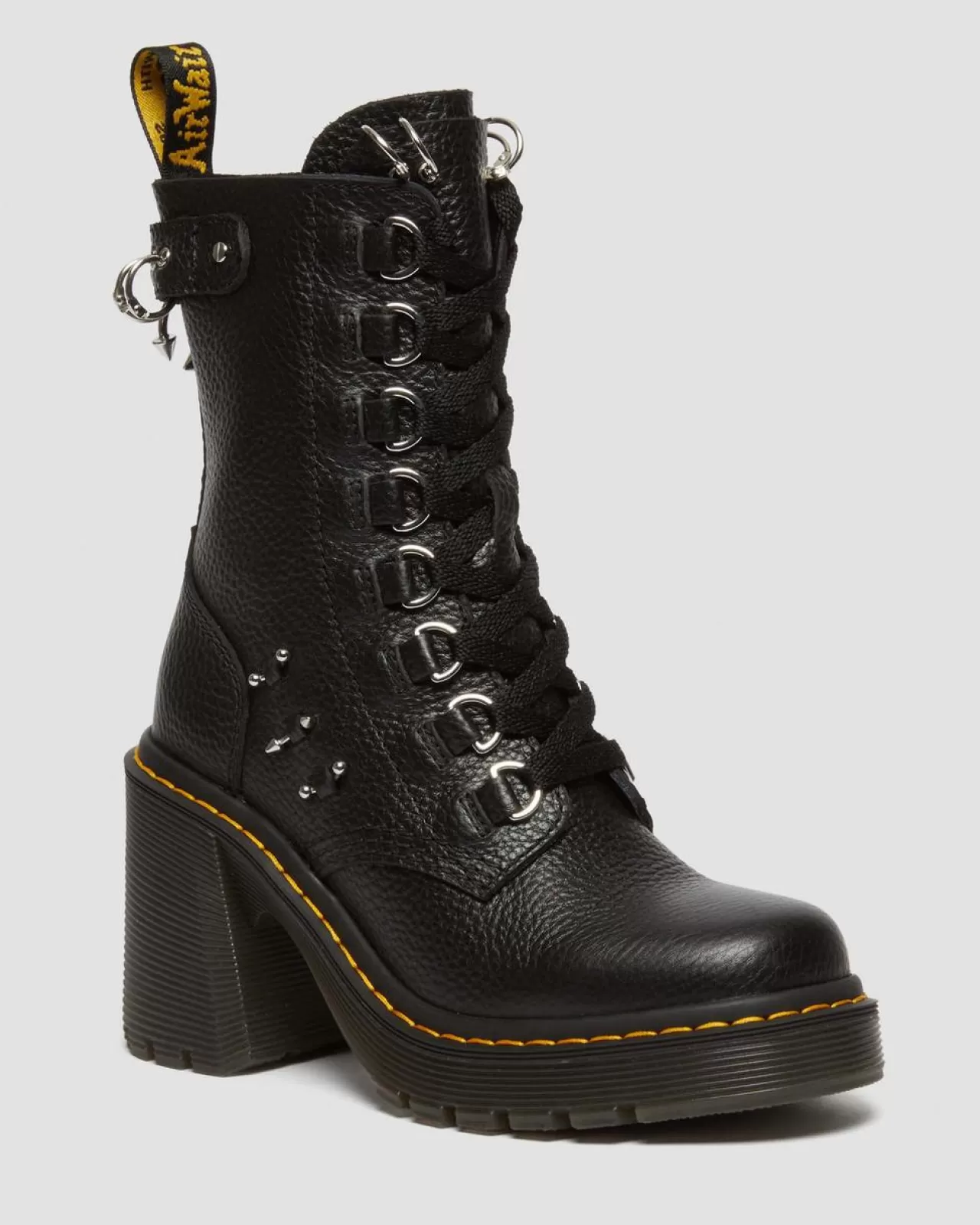 Heeled Boots | Boots^Dr. Martens Chesney Piercing Leather Flared Heel Lace Up Boots Black — Milled Nappa