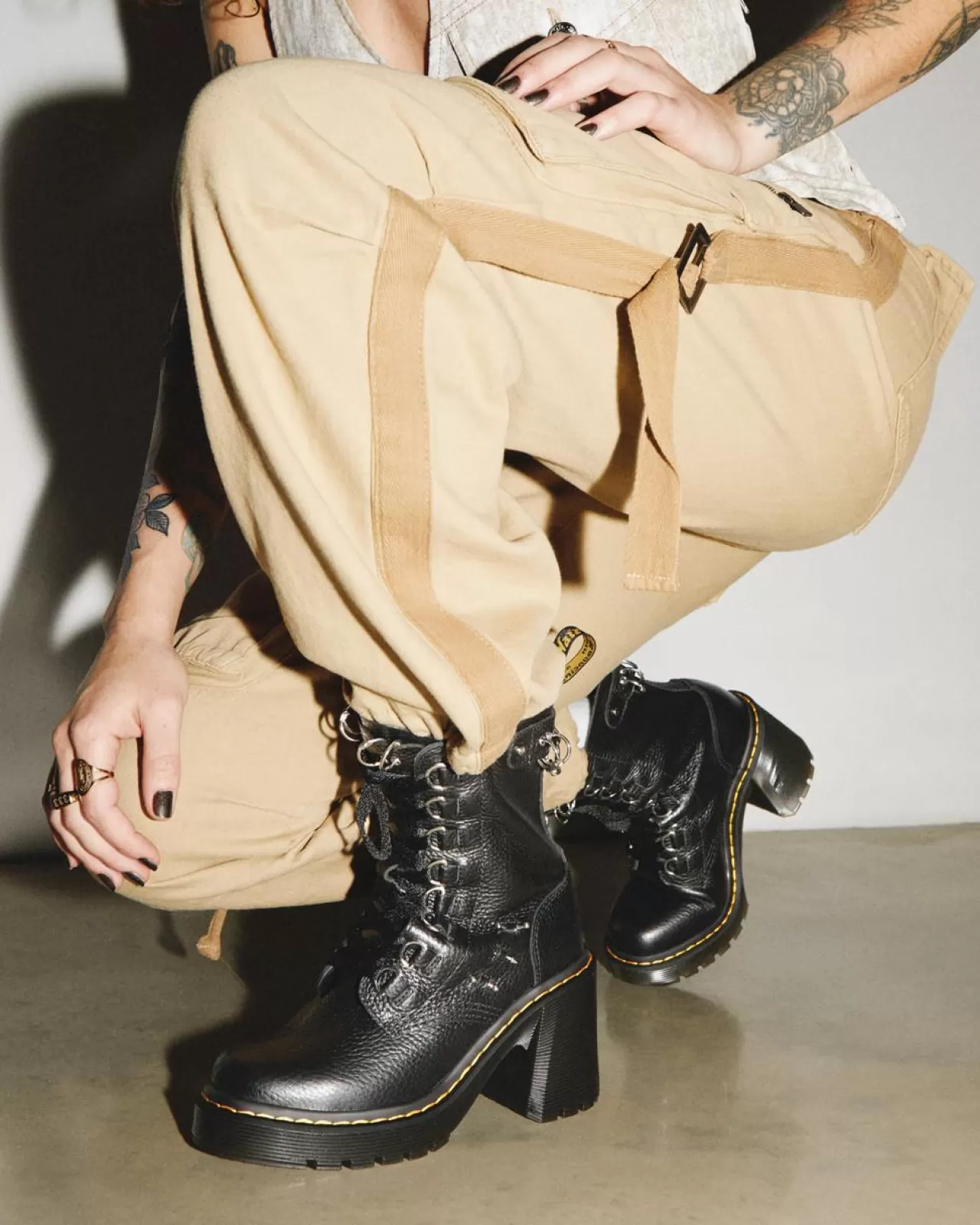 Heeled Boots | Boots^Dr. Martens Chesney Piercing Leather Flared Heel Lace Up Boots Black — Milled Nappa