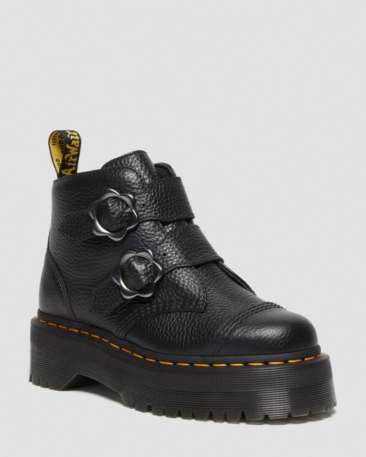 Platform Boots | Platforms^Dr. Martens Devon Flower Buckle Leather Platform Boots Black — Milled Nappa