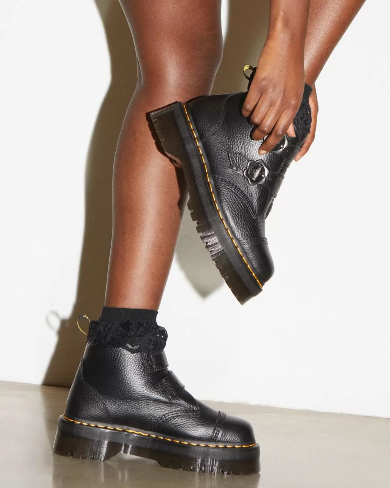 Platform Boots | Platforms^Dr. Martens Devon Flower Buckle Leather Platform Boots Black — Milled Nappa