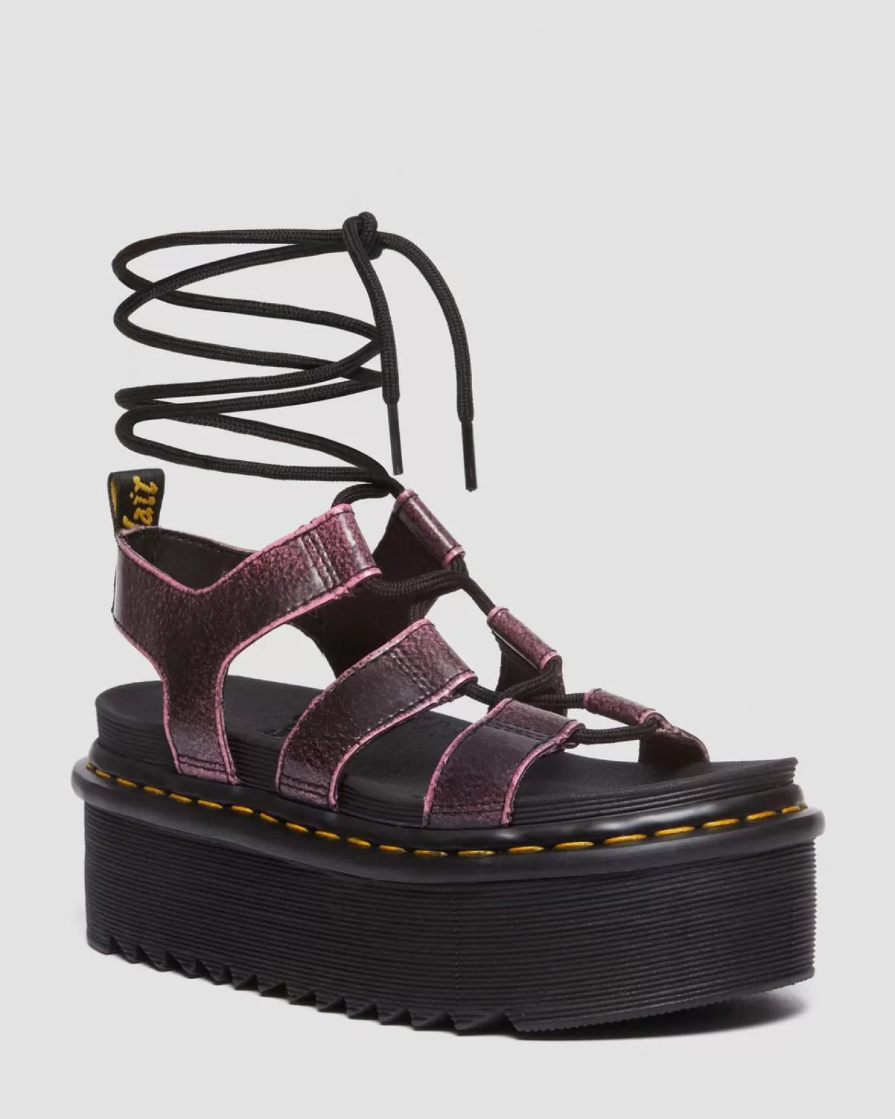 Platform Sandals | Strap Sandals^Dr. Martens Nartilla Distressed Leather Platform Gladiator Sandals Black+Fondant Pink — Two Tone Rub Off