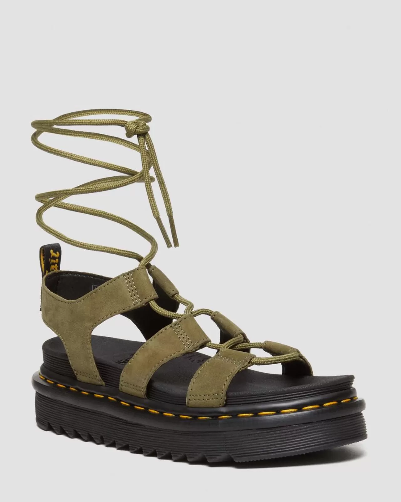 Platform Sandals | Platforms^Dr. Martens Nartilla Tumbled Nubuck Leather Gladiator Sandals Muted Olive — Tumbled Nubuck