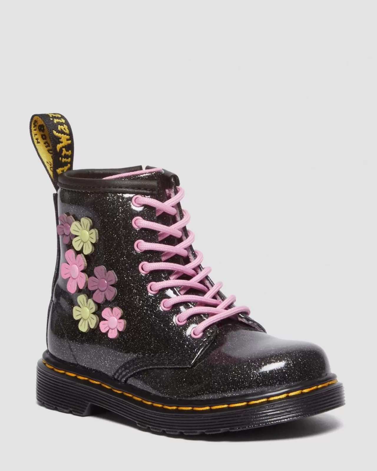 Glitter & Patent Boots | School Styles^Dr. Martens Toddler 1460 Glitter & Flower Applique Lace Up Boots Black+Multi — Coated Glitter Pu+Athena