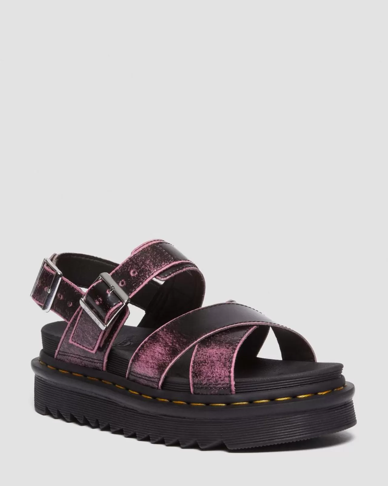 Platforms | Platform Sandals^Dr. Martens Voss II Distressed Leather Platform Sandals Black+Fondant Pink — Two Tone Rub Off